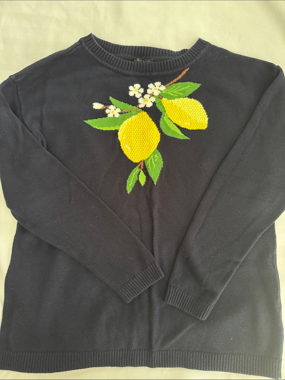 Talbots Navy Sweater with Yellow Lemon Motif